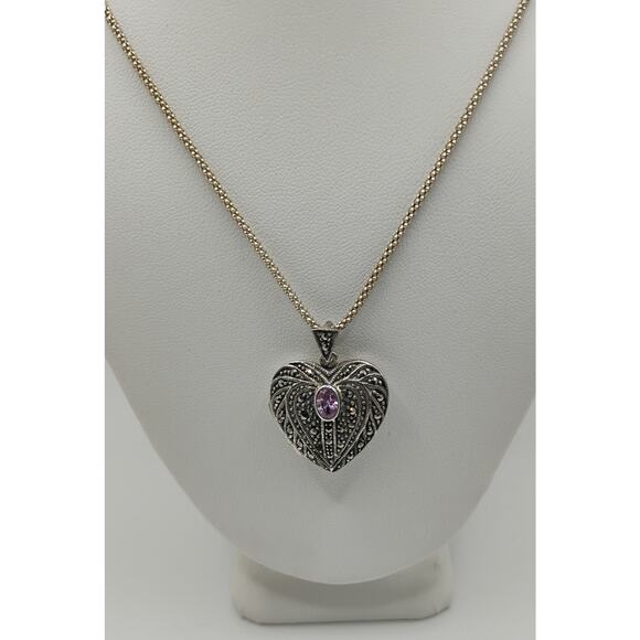 Locket with Marcasite and Pink CZ in Sterling Silver on a 28-in Danecraft Chain - Picture 1 of 7